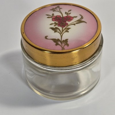 Vintage Hand Painted Floral Brass Metal Lid Vanity Powder Glass Jar 2'' x 2''