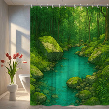 Green Forest Stream Shower Curtain - Nature Inspired Decor