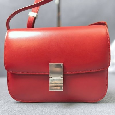Celine Classic Box Medium Crossbody Shoulder Bag in Red Leather