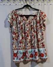 Lauren Conrad Blouse XL Floral Print Pleated Neck, Back of Neck Tie