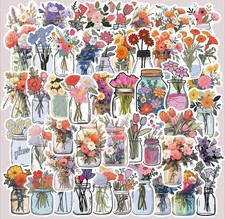 50x Flower Jar Stickers Waterproof Sticker For Water Bottle Card Making Luggage