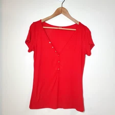 Guess Women's Top Short Sleeve Tee Ribbed V-neck Red Size Large
