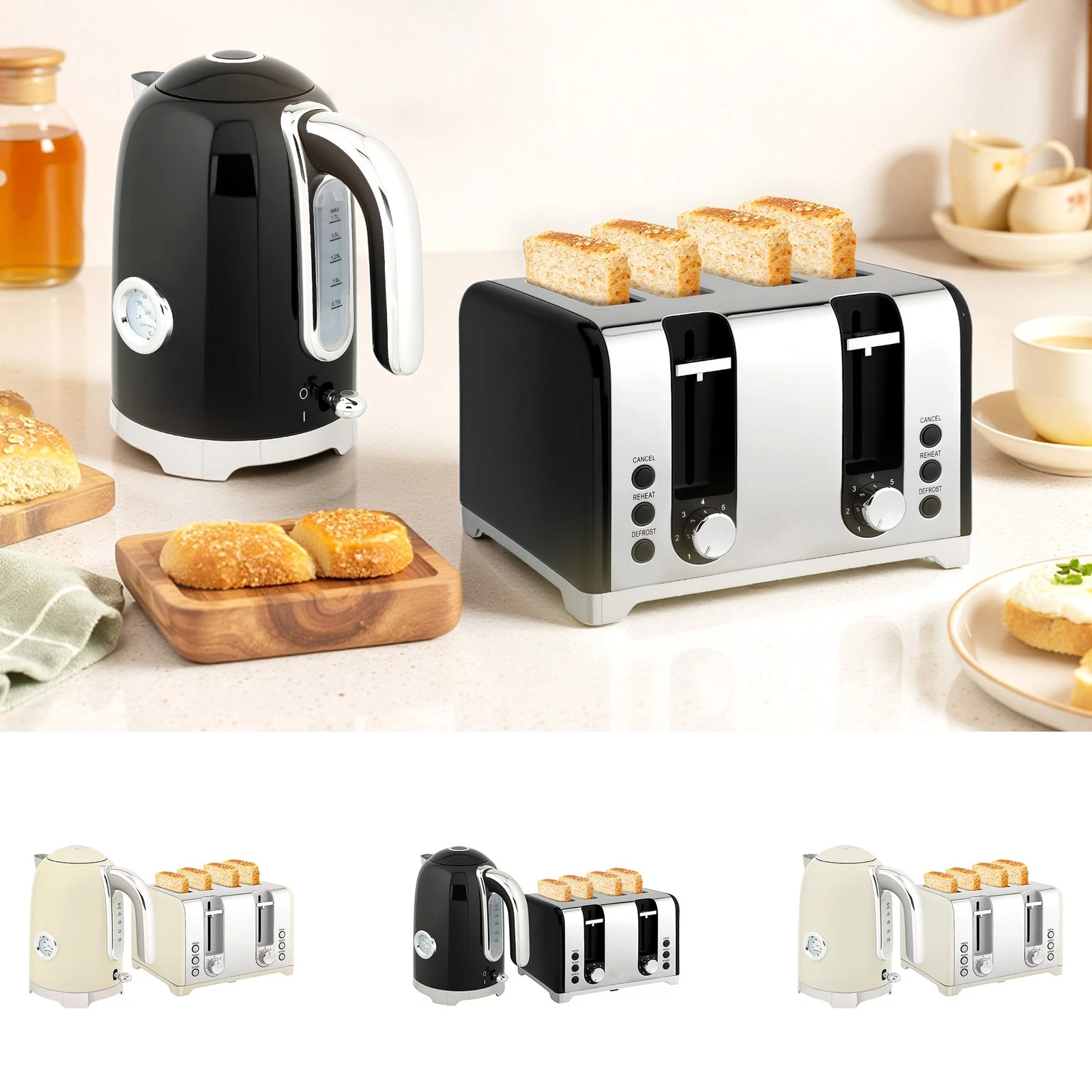 Retro 4 Slice Toaster,, 3000W 1.7L Rapid Boil Kettle Set