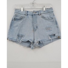 Brandy Melville Light Wash Distressed Denim Shorts High Rise Frayed Hem size 27