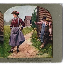 Stereoview of Independent Woman in the Country - Boys Ogling Suffragette c1898
