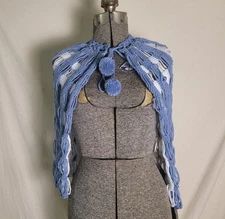 Vintage 70s Handmade Crochet Blue White Cape Capelet Knit Poncho Shawl