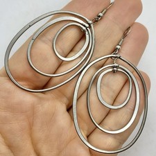 Vtg Large Silvertone Triple Hoop Statement Dangle Earrings Hook Concentric Big
