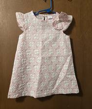 Pink  White Girls Floral A-Line Sleeveless Flutter Sleeve Bow Dress 1-2Y