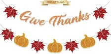 Thanksgiving Banner Garland, Give Thanks Banner, Pre-Strung Thanksgiving Decor 