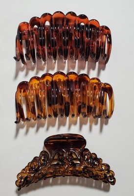 3 Claw Clips Hair Faux Tortoise Brown Amber Scroll Plastic Clamp Jaw Larger