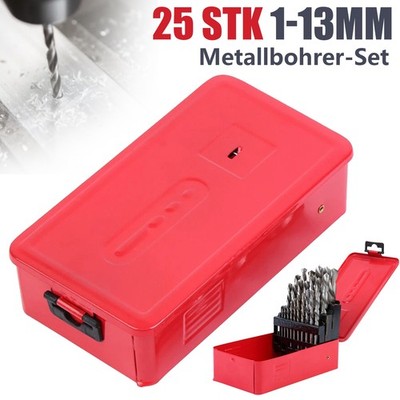 25 tlg HSS Metallbohrer 1-13mm Spiralbohrer 118° Stahl Bohrerset Box Profi
