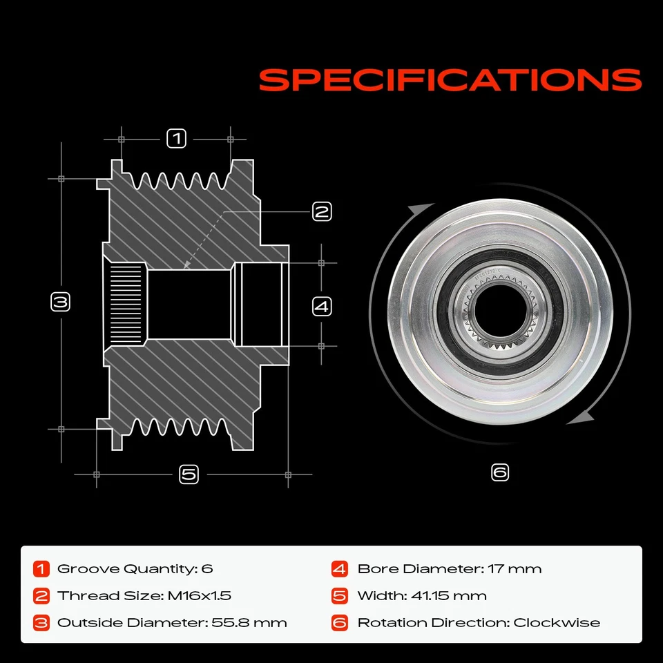 Polea embrague alternador para Volkswagen Jetta 99-15 Golf Passat GTI 6 ranuras CW Foto 3 de 4