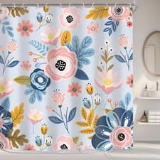 Blue Pink Floral Shower Curtain for Bathroom Decor 72Wx72H Boho Flower Blosso...
