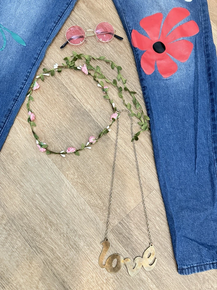 Hippie Halloween Disfraz Conjunto Denim Jeans Flor Paz Joyería Gafas Redondas S Foto 2 de 4