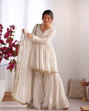 Party Wear Mal Chanderi White Palazzo Suit With Dupatta For Women  Girls