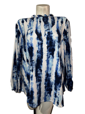 New LulaRoe Women's Top Size L Blue Tie-dye LS Clara Smock Ruffle Neck Shirt