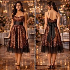 Blondie Prom Dress Fit Flare Satin Tie Back Bow 5 Spaghetti Strap Event Party