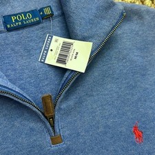 New Polo Ralph Lauren Blue Half-Zip Sweater with Red Pony Medium 