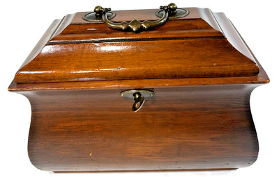 Vintage Tea Caddy Wood Keyed Keepsake Money Treasure Box 9'' x 7'' x 6.5'' with key
