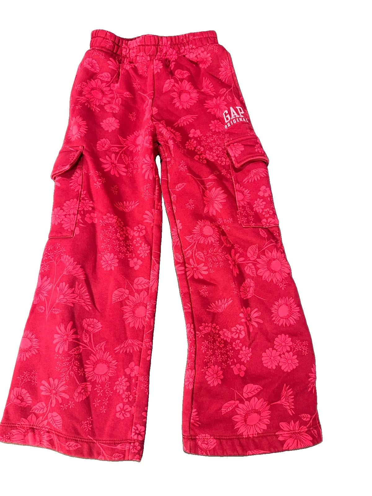 GAP Kids Girl Red Floral Fleece Cargo Pants Wide Leg Youth Small 7/8 Y2K Style