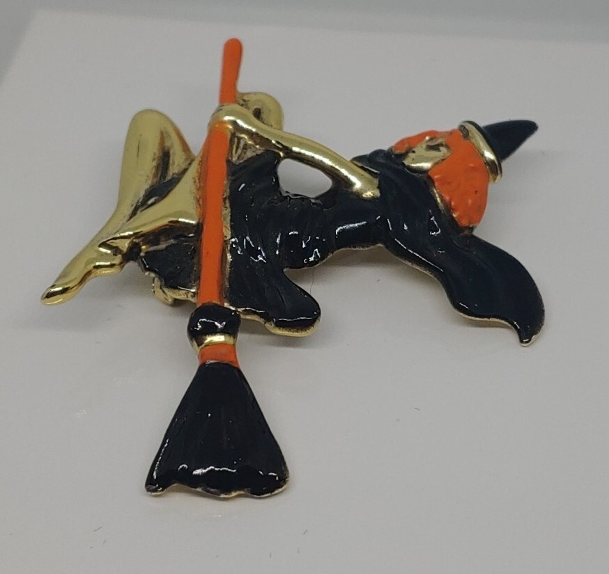 Vintage Flying Witch Halloween Pin Brooch Gold Tone Orange Enamel