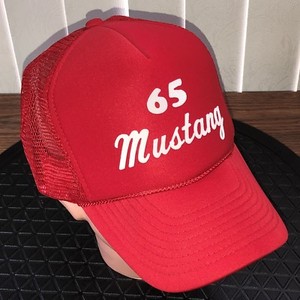 65-MUSTANG-Truckers-Hat-w-White-Letters-Cherry-Red-Vtg-Cap-Snapback-Foam-Mesh