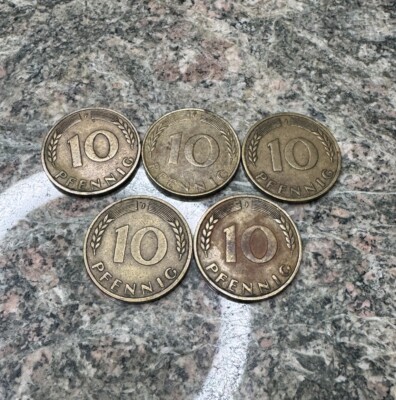 Lot Of 5 Germany-Federal Republic 10 Pfennig 1950 J 1949 F J 1970 D Brass Clad