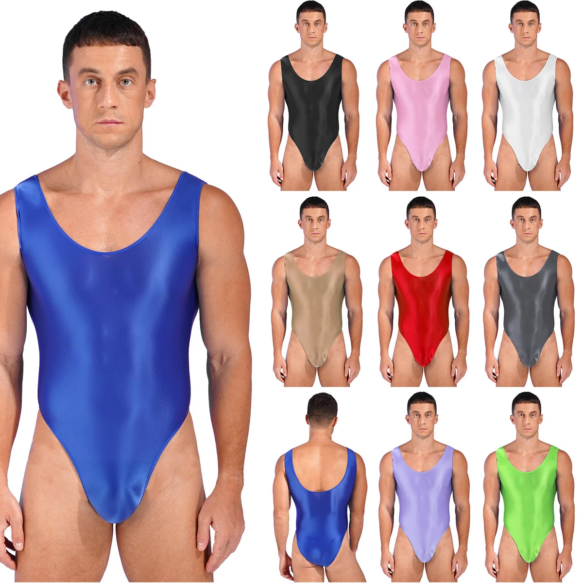 Men's Glossy One-piece Bodysuit Leotard Jumpsuit High Cut Swimsuit Bathing  Suit