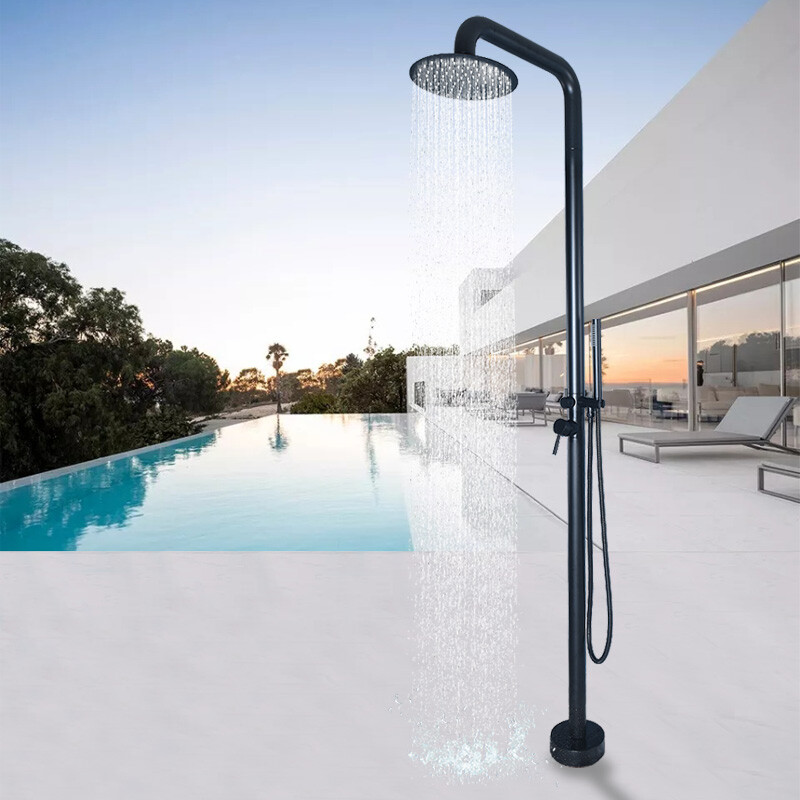 Grifo de ducha de piscina con panel exterior montado en el suelo plateado/negro