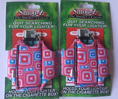 2 Smoo-Z Smoker's Coozie Cigarette Case & Lighter Holder PINK RED BLUE  SQUARES