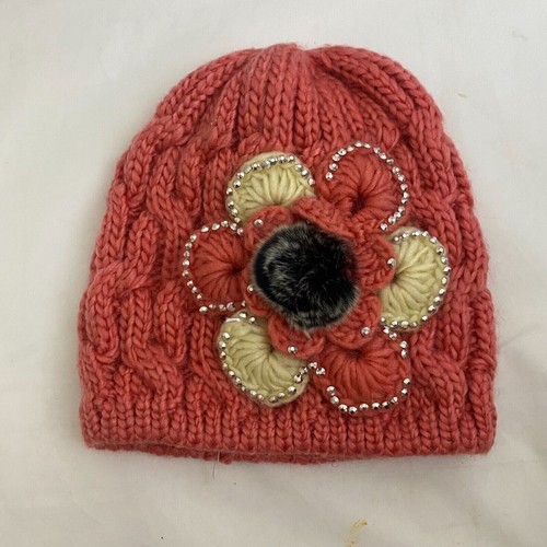 #6828 Strickmütze rosa mit Blumen - Bild 1 von 5