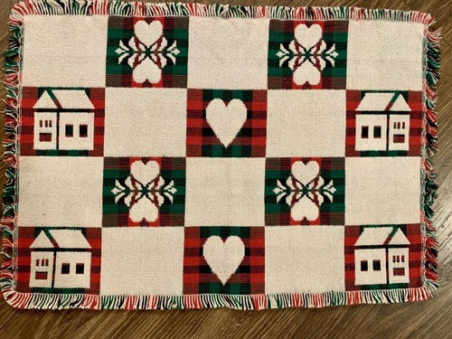 10 Vintage Tapestry Christmas Reversible Placemats Fringe Cabin Hearts Plaid - Picture 3 of 6