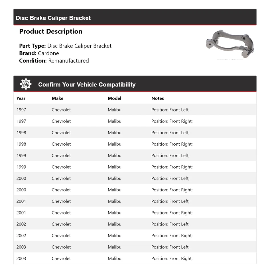 Soporte de pinza de freno de disco Cardone 1998 1999 2000 para Chevrolet Malibu 1997-2003 Foto 2 de 4