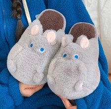 Cozy Light Gray Hippo Design Indoor Slippers for Women, Size 7-7.5