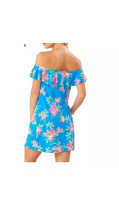 tommy bahama off the shoulder ruffle dress Tommy Bahama Sun Lilies Off the Shoulder Ruffle Spa Mini Dress Azure Blue  Small
