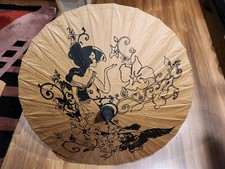 Vintage Bamboo And Paper Parasol Woman Floral Graphic Design Brown Black