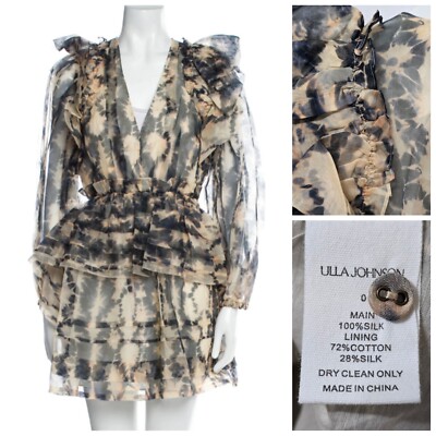 $790 ULLA JOHNSON Adelaide Silk Organza Mini Dress Sz 0 XS Fossil Flutter Peplum