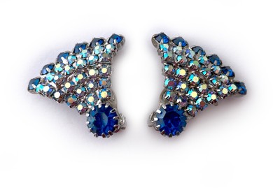 Fan-Shaped Shades of Blue Aurora Borealis Earrings, Schiaparelli-Style