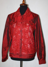 Coldwater Creek Sz M Burgundy Satin Silk Blend Button Jacket Embroidered Beaded