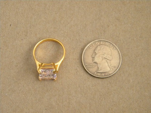 Lady's Women's Yellow Gold Plated Large Square Clear CZ Solitaire ring Size 7.25 - Picture 3 of 3