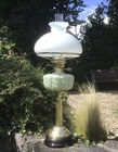 Antique Oil Lamp Moulded Embossed Glass Font Duplex Burner Milk Glass Shade