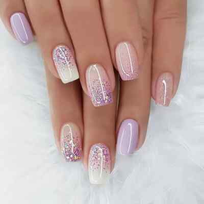 24pcs French Style Glitter Coffin Nails, Press-On Fake Nails With Gel Glue