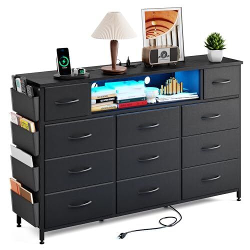 Dresser for Bedroom with Power Outlets and LED Lights 11 Drawers Dresser Black - Picture 2 of 7