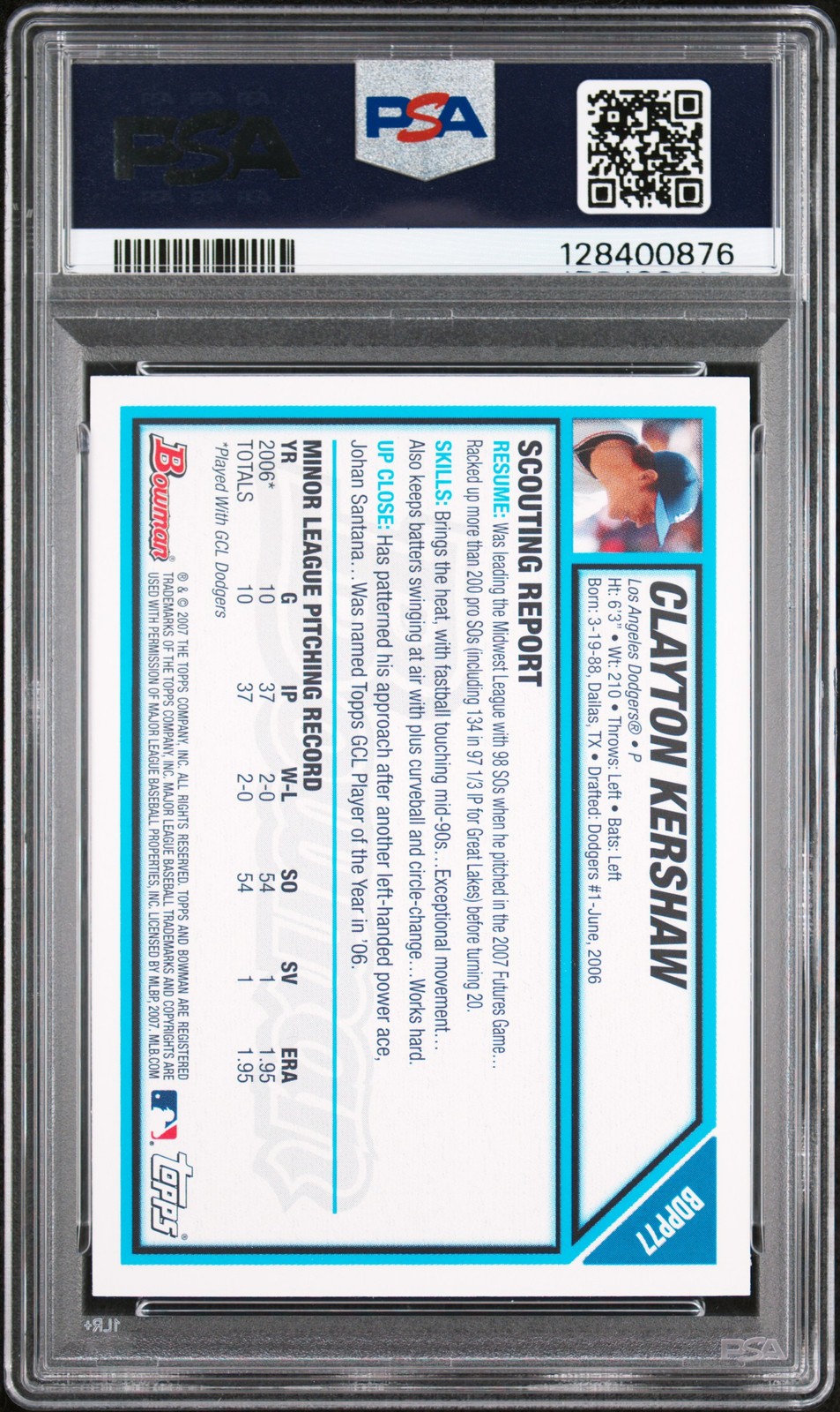 2007 BOWMAN DRAFT & PROSPECTS #BDPP77 CLAYTON KERSHAW PSA 8 view 2
