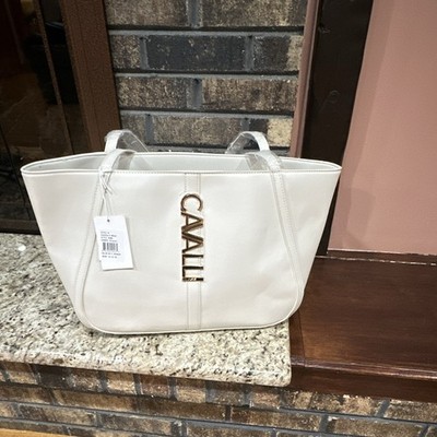 Cavalli Class White Logo Large Tote Bag Zip Closure Gold Hardware Lined
