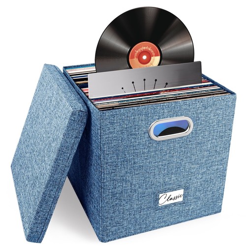 Vinyl Record Storage Box for 50+ Single LPs (12-Inch), Stackable Albums Linen...