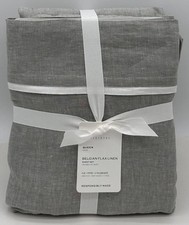 Pottery Barn Belgian Flax Linen Contrast Flange QUEEN Sheet Set  Smoke / White