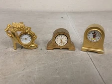Lot of 3 VTG Gold Shoe SunTime Desk Quartz Clock Japan Mov & Mini Equity Mantle