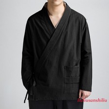 Mens Chinese Cardigan Jacket Casual Kimono Lace Up Coat Traditional Hanfu Tops