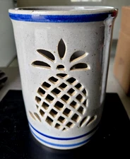 Keaton Salt Glazed Pottery Candle Holder Crock Pineapple Cutout 6.75"